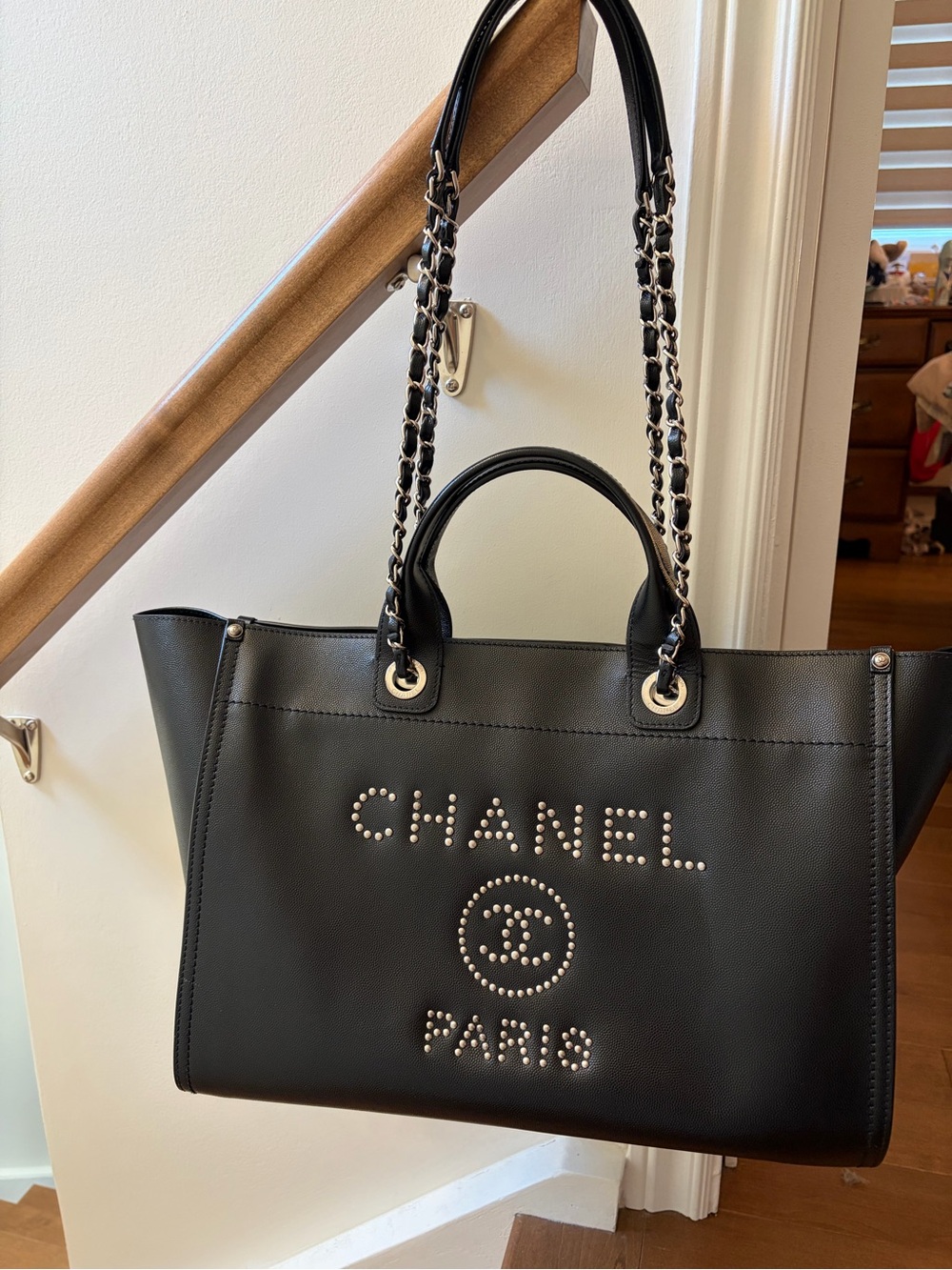 CHANEL Black Studded Paris Tote with Chain-Strap Handles